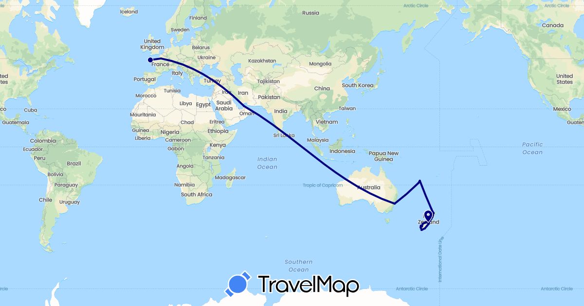 TravelMap itinerary: driving in United Arab Emirates, Australia, France, New Caledonia, New Zealand (Asia, Europe, Oceania)